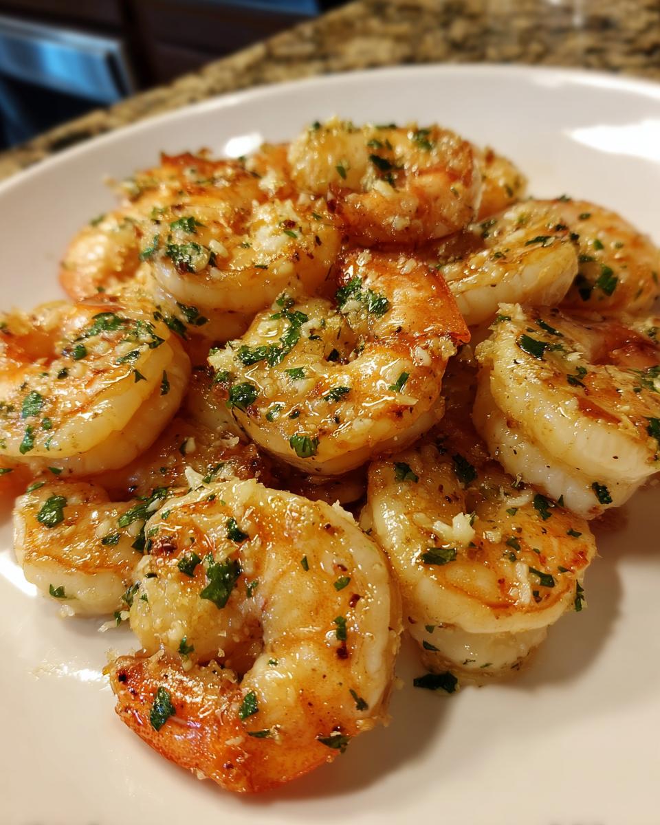 A close-up of perfectly cooked air fryer shrimp, glistening with garlic butter and topped with fresh parsley.