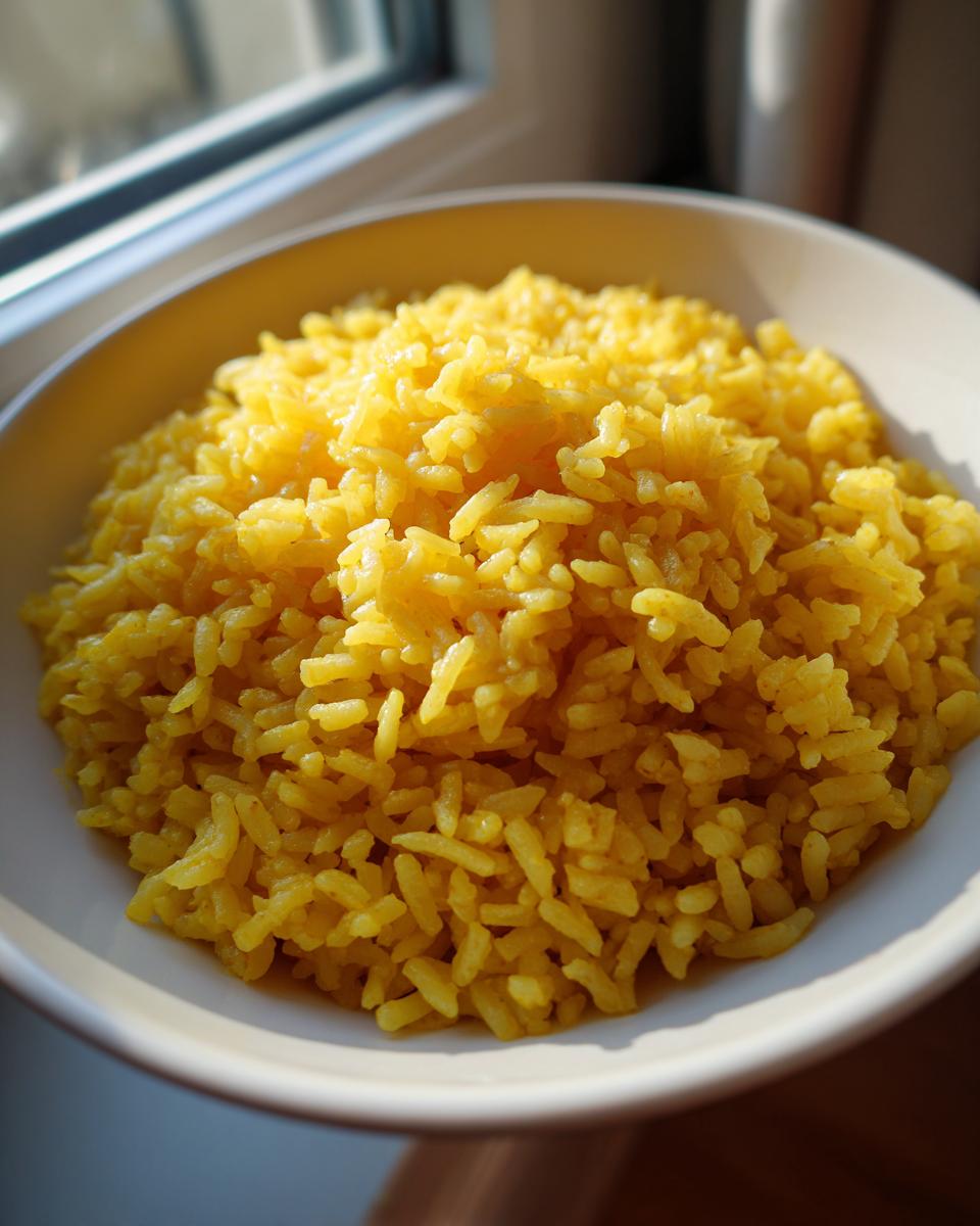 A close-up of bright yellow garlic turmeric rice served in a white bowl near a window.