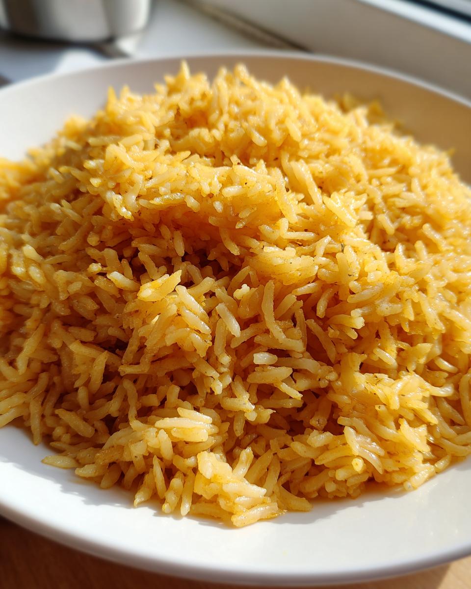 Close-up of bright yellow, fluffy turmeric rice served in a white bowl, highlighting the seasoned grains.