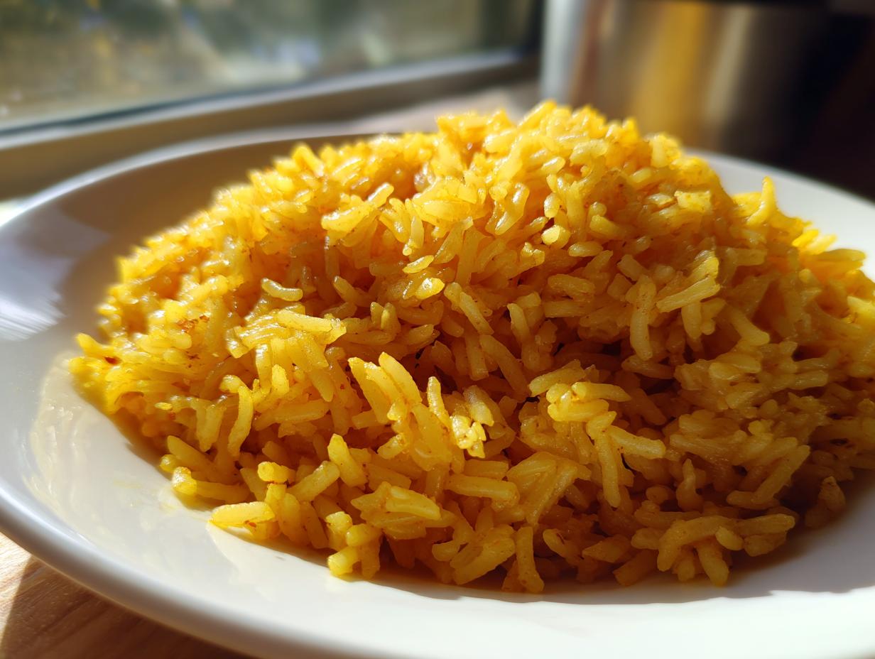 A close-up of fluffy, bright yellow turmeric rice seasoned with garlic served on a white plate.