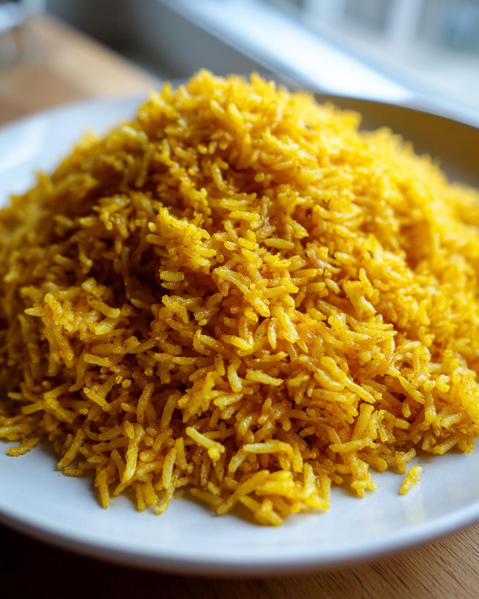 Close-up of a generous serving of bright yellow, fluffy turmeric rice piled high on a white plate.