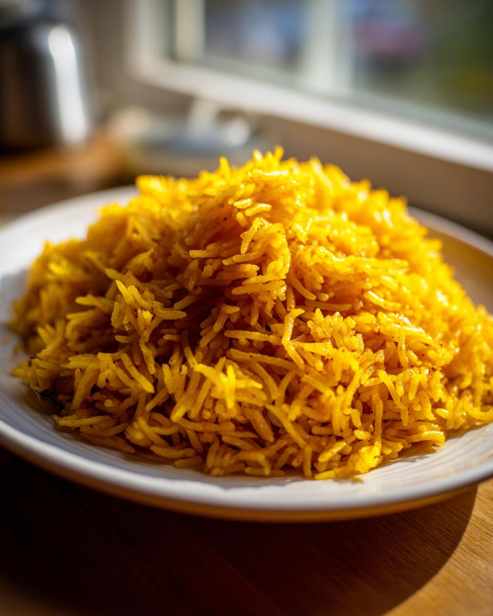 A mound of vibrant, fluffy turmeric rice seasoned with garlic, served on a white plate near a window.