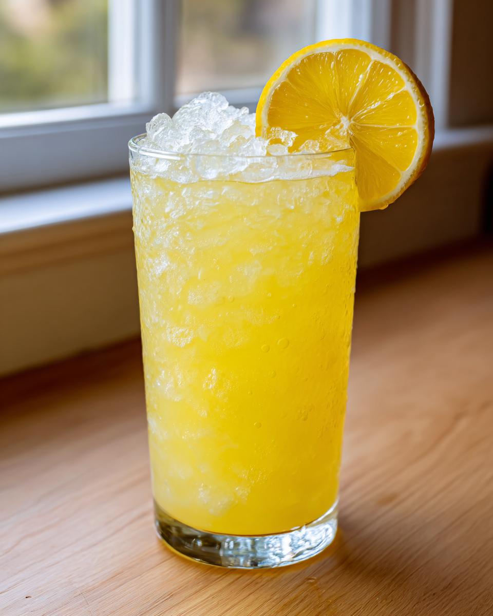 Tall glass filled with bright yellow, icy homemade lemonade, garnished with a lemon slice.