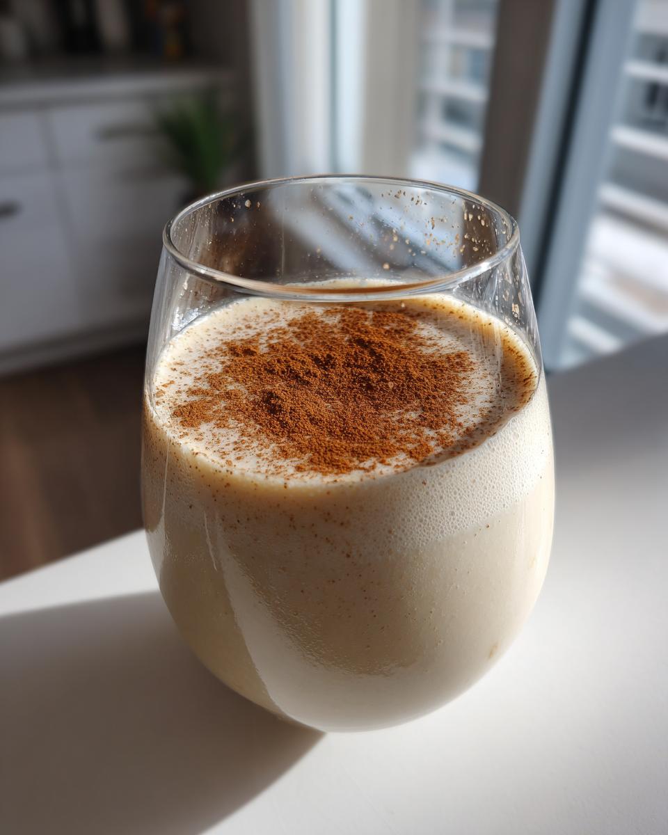 Close-up of a glass filled with creamy coquito, generously dusted with ground cinnamon on top.