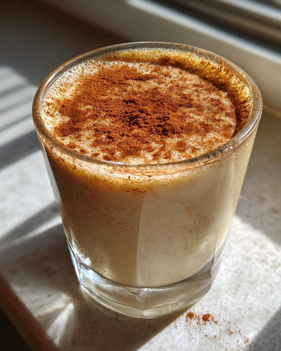 Close-up of a glass filled with creamy coquito, heavily dusted with ground cinnamon on top.