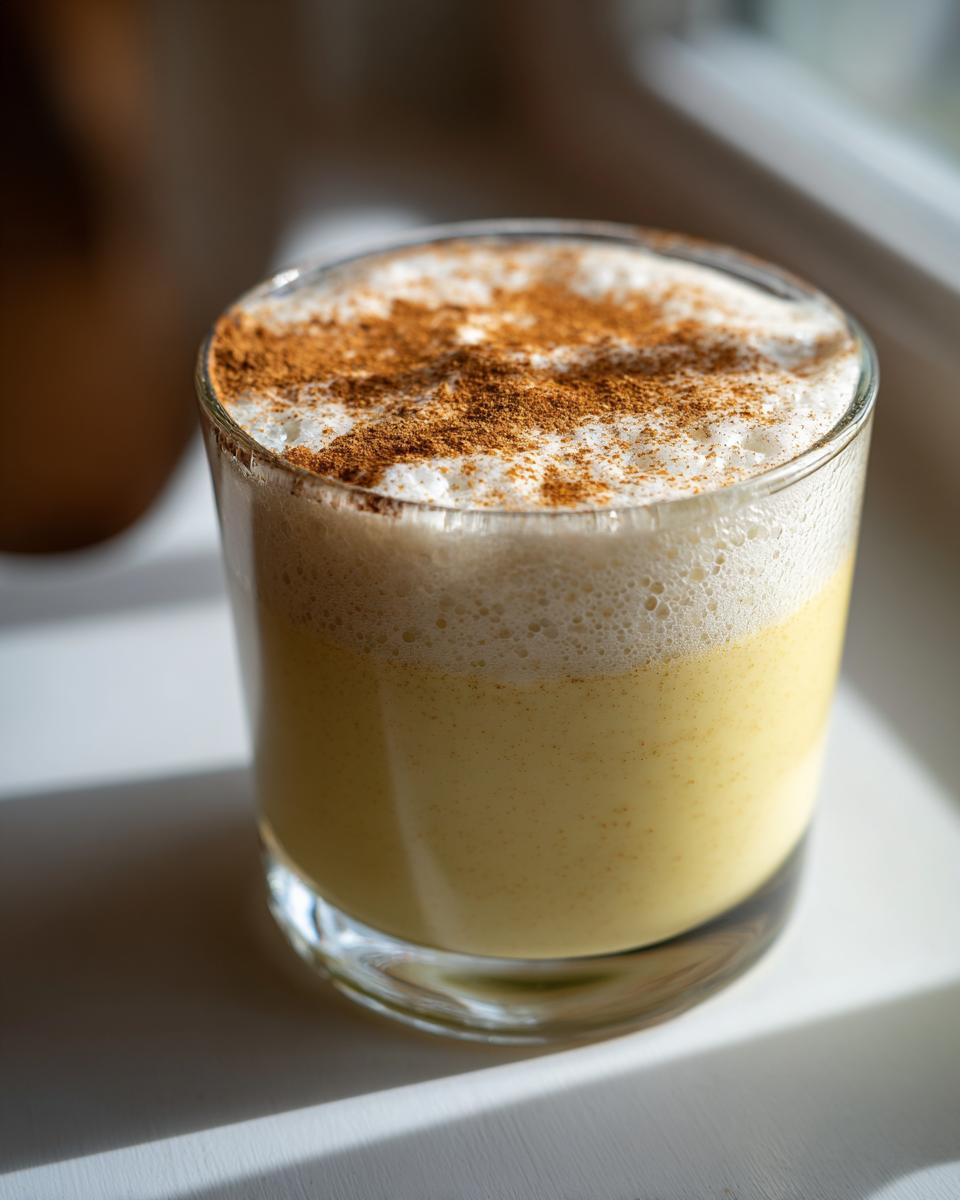 A close-up of a glass filled with creamy, yellow coquito recipe topped with white foam and sprinkled with ground cinnamon.