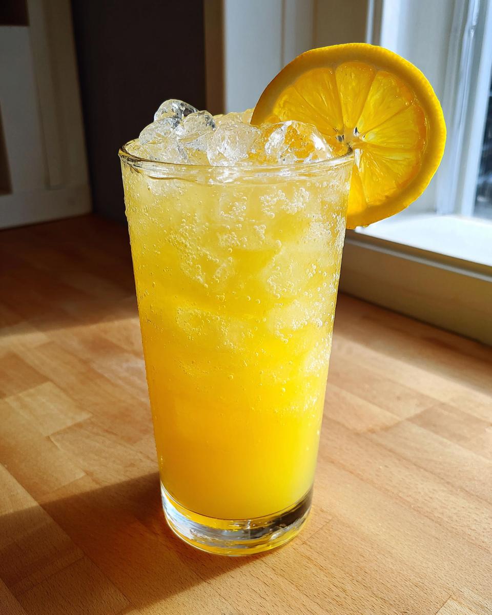 A tall glass filled with bright yellow, bubbly lemonade, crushed ice, and garnished with an orange slice.