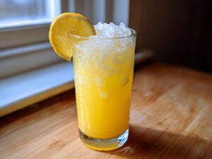 A tall glass filled with bright yellow homemade lemonade, crushed ice, and a lemon slice garnish.