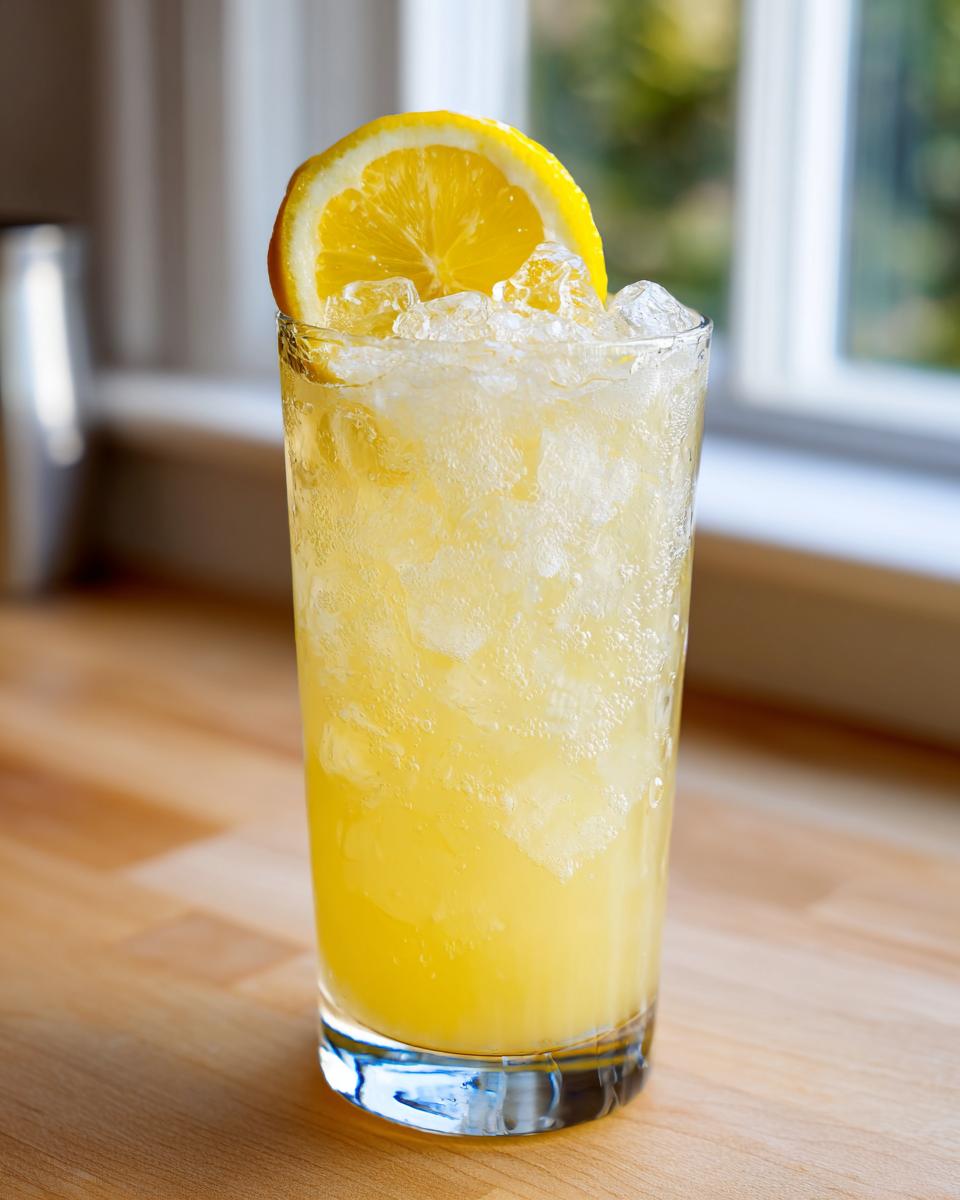 Tall glass filled with bright yellow, icy homemade lemonade, garnished with a fresh lemon slice.