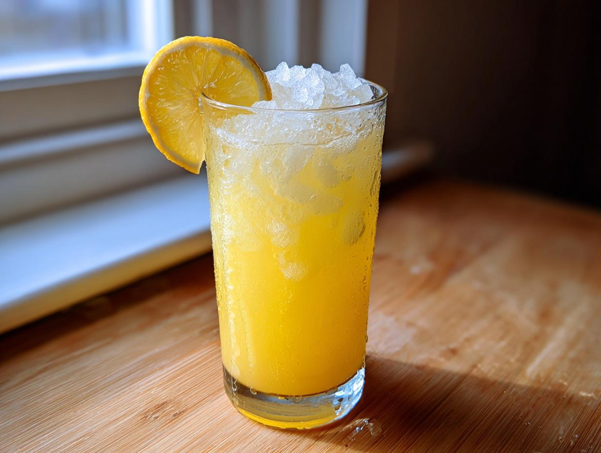 A tall glass filled with bright yellow homemade lemonade, crushed ice, and a lemon slice garnish.