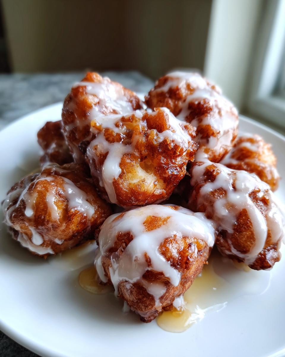 A close-up of several golden brown apple fritter bites drizzled with white glaze, piled on a white plate.