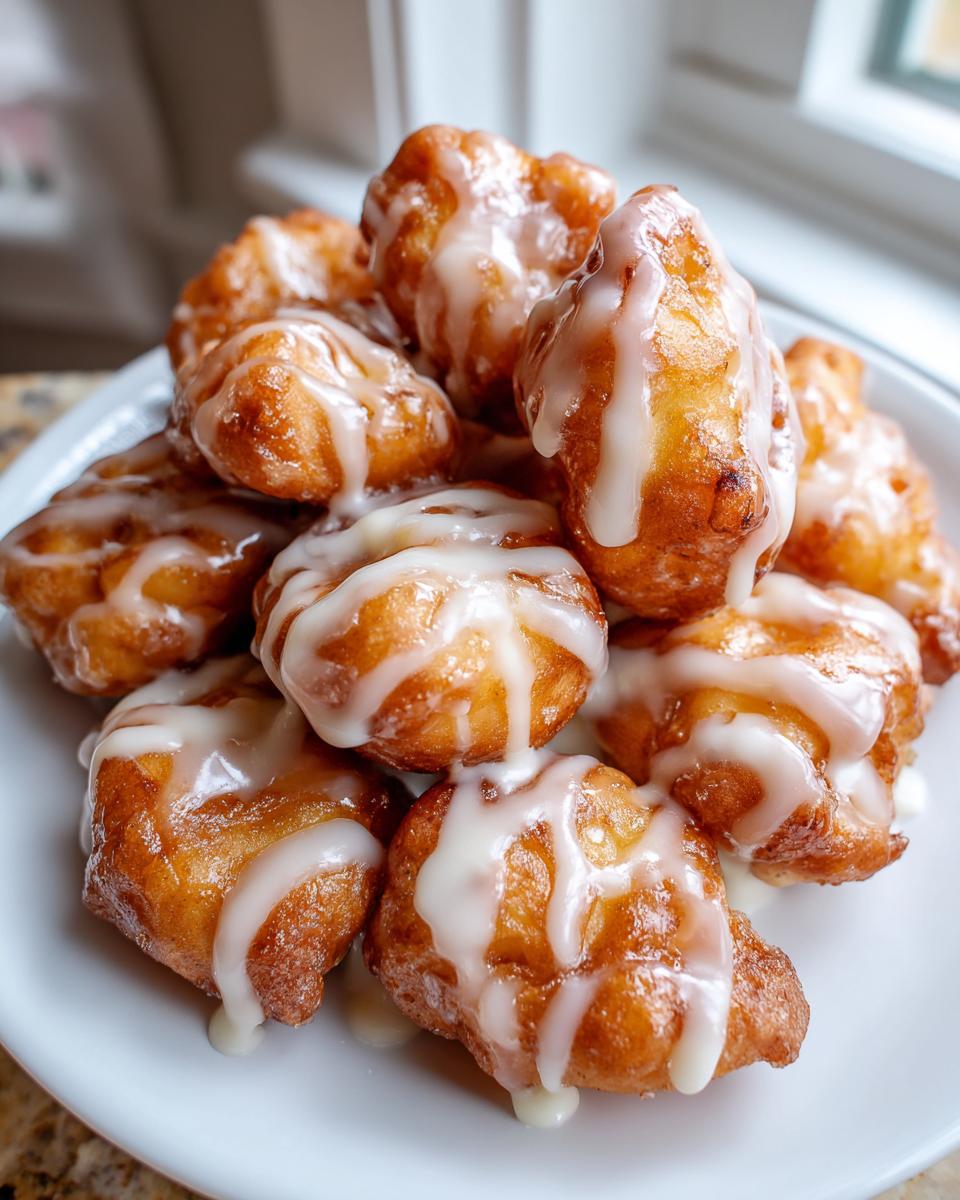 A close-up of several golden brown apple fritter bites stacked on a white plate, drizzled heavily with white glaze.