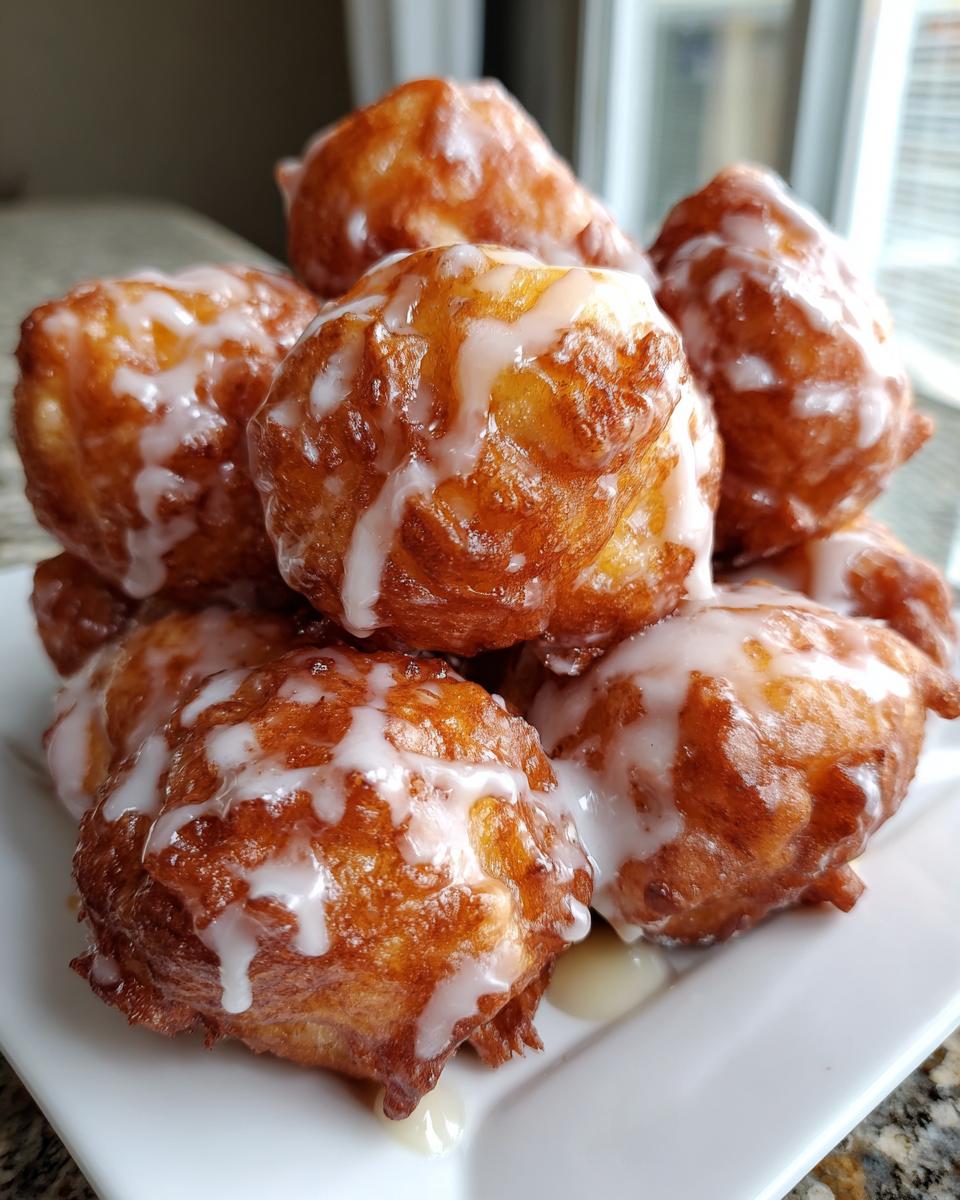 A close-up of several golden brown, deep-fried apple fritter bites drizzled with white vanilla glaze.