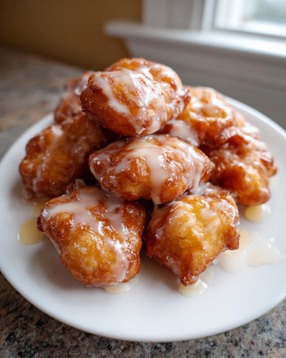 A stack of golden brown, freshly fried apple fritter bites drizzled generously with white glaze.