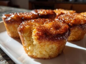 A close-up of several golden french toast muffins, one with a bite taken out, showing a shiny, caramelized cinnamon glaze.