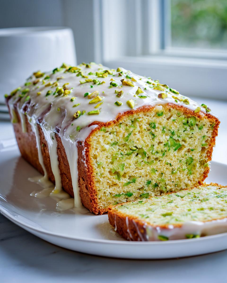 A loaf of homemade pistachio bread, drizzled with white glaze and topped with chopped pistachios, with one slice cut.
