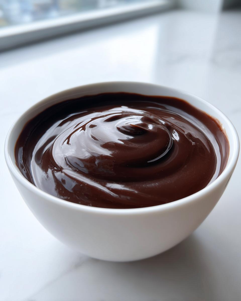 A close-up of thick, glossy homemade chocolate sauce recipe swirled in a small white bowl.
