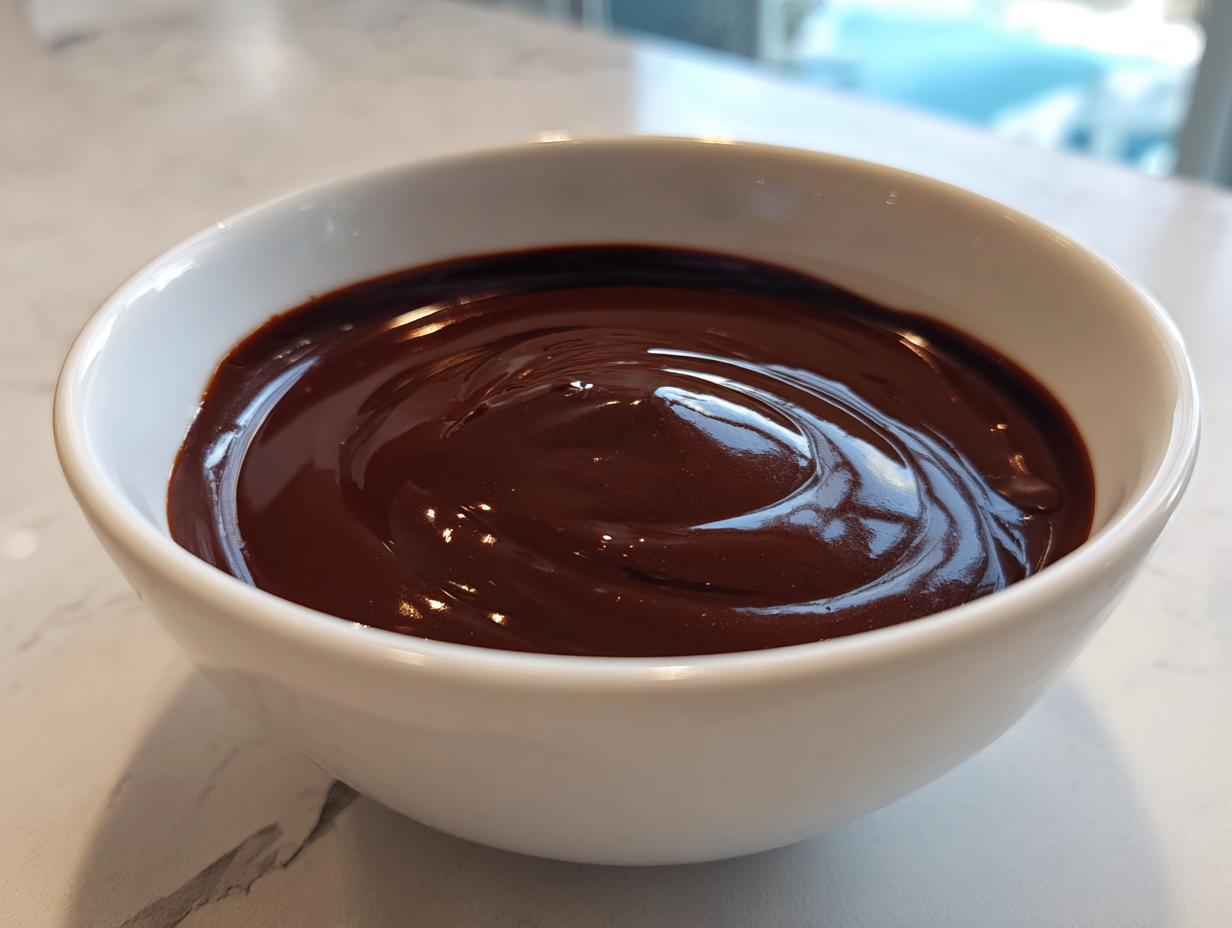 A close-up of thick, glossy homemade chocolate sauce recipe filling a small white bowl.