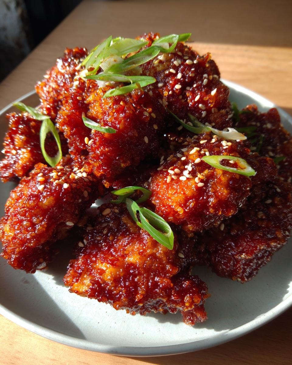 Close-up of crispy Korean fried chicken pieces coated in a shiny red glaze, topped with sesame seeds and sliced green onions.