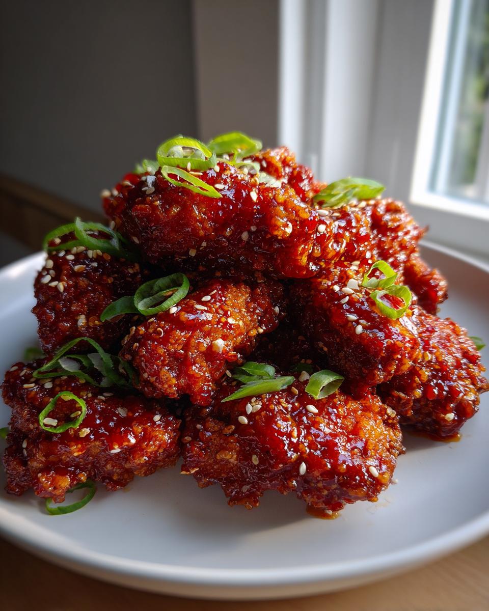 A pile of sticky, glossy Korean fried chicken coated in a deep red sauce, garnished with sesame seeds and sliced green onions.