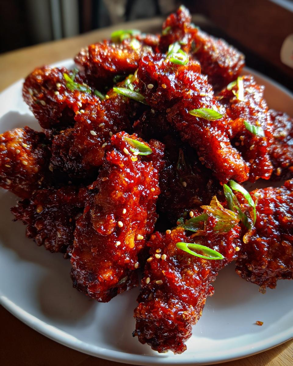 Close-up of glossy, dark red Korean fried chicken pieces garnished with sesame seeds and green onions.