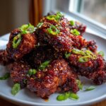 A close-up of glossy, dark red Korean fried chicken coated in sauce, sprinkled with sesame seeds and green onions.