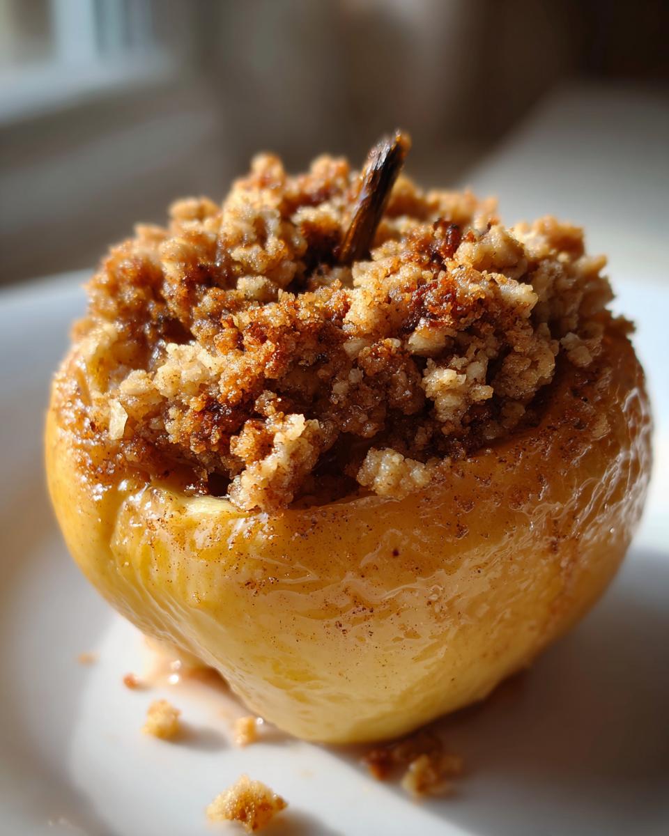 Close-up of a golden baked apple filled with brown sugar and cinnamon crumble topping.