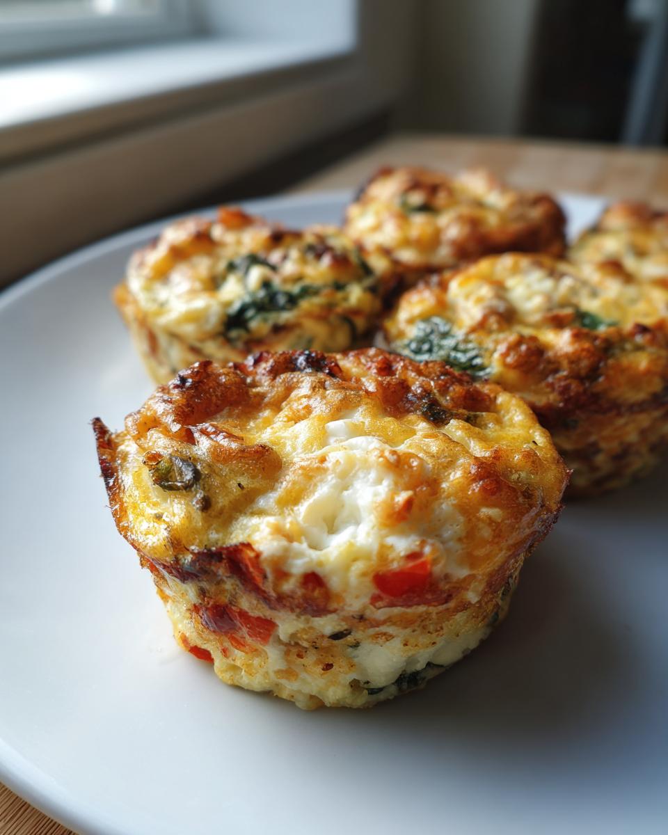 Close-up of a freshly baked, golden brown egg muffin filled with visible red peppers and spinach on a white plate.