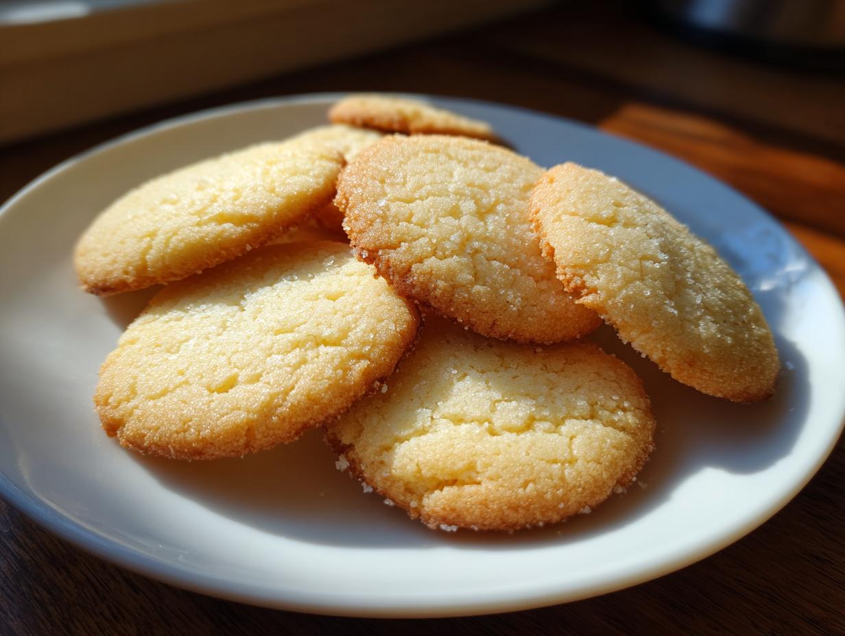 A close-up of several golden brown butter cookie treats sprinkled with sugar on a white plate.