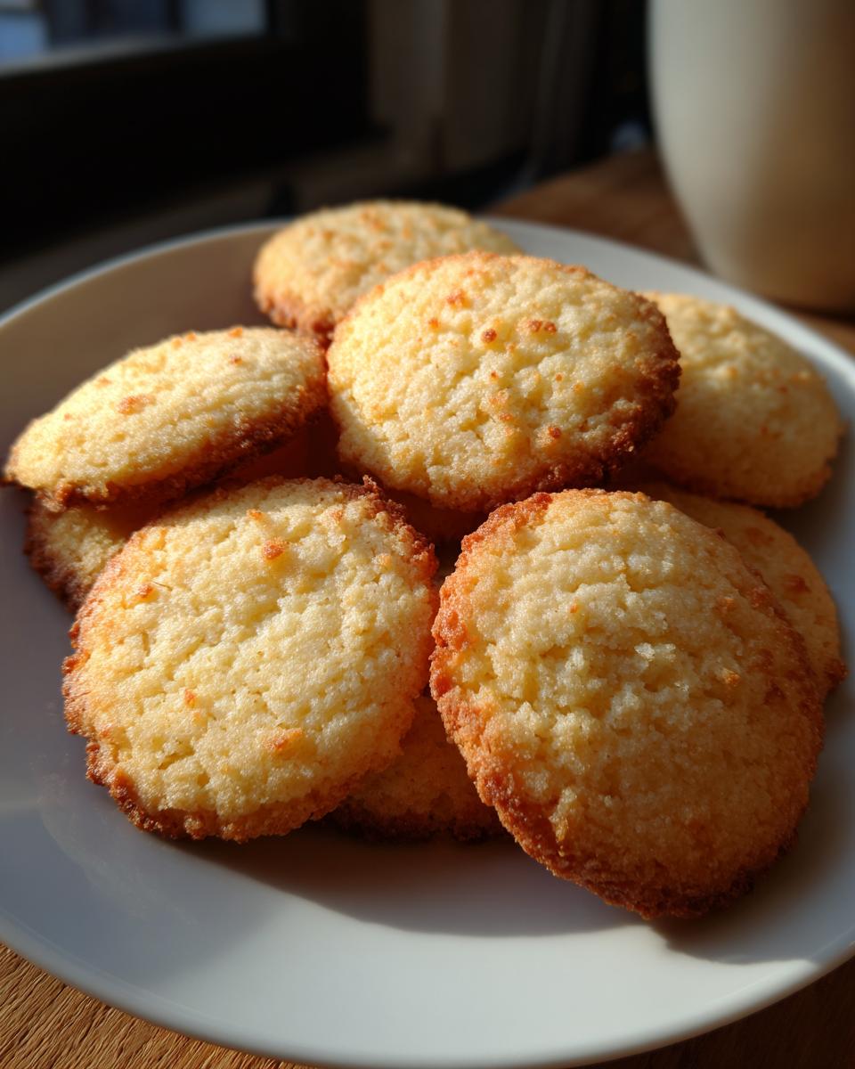A pile of freshly baked, golden brown butter cookie rounds sitting on a white plate, lit by sunlight.
