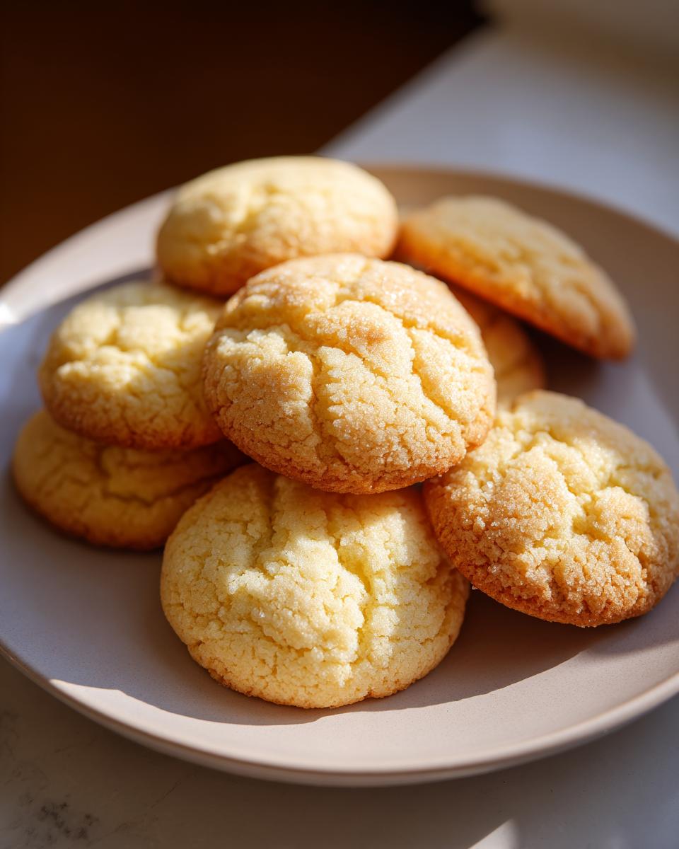 A close-up of several golden, crinkled butter cookie treats stacked on a light-colored plate.