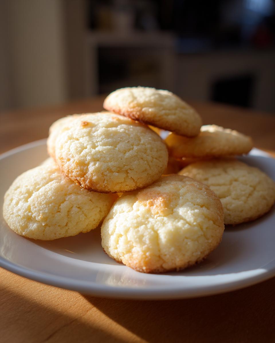 A small stack of freshly baked, round butter cookie treats piled on a white plate.