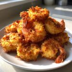 A close-up of a mound of perfectly golden and crispy fried shrimp served on a white plate.