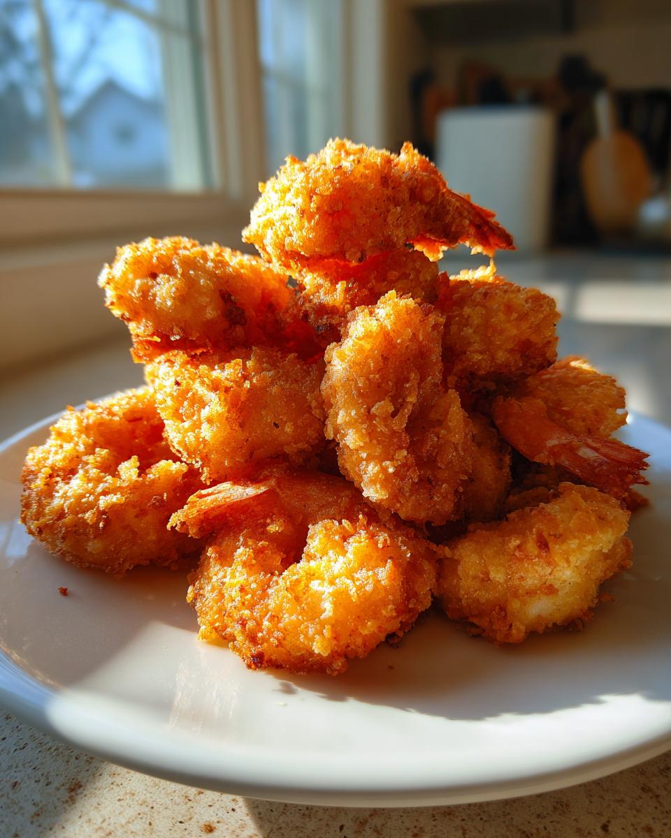 A close-up stack of golden, crispy fried shrimp piled high on a white plate, perfectly cooked.