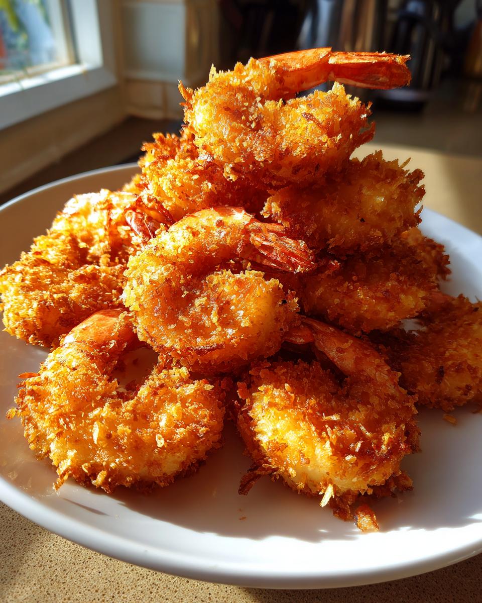 A pile of golden brown, crispy fried shrimp with tails on, served on a white plate.