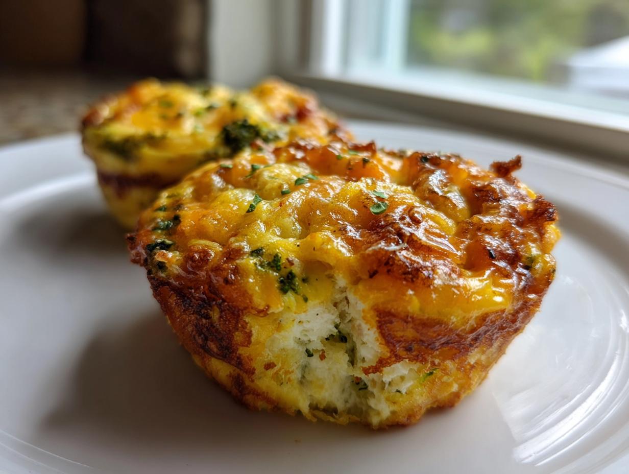 Close-up of a freshly baked, golden brown egg muffin with melted cheese and visible broccoli pieces.