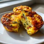 Close-up of a perfectly baked egg muffin cut in half, showing fluffy interior with spinach and bacon, highlighting the amazing egg muffin recipe.