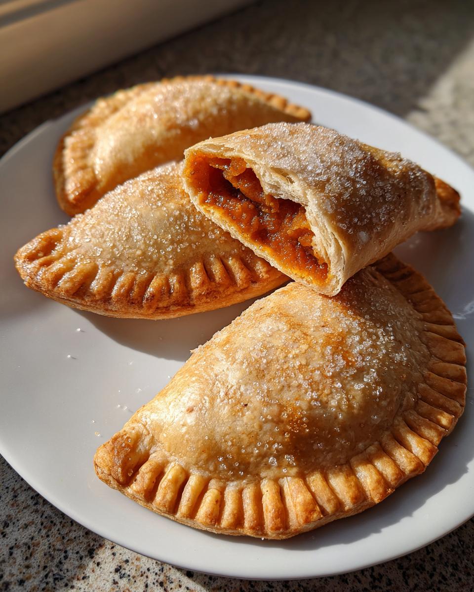 Four golden baked pumpkin empanadas sprinkled with sugar, one is cut open showing the pumpkin filling.