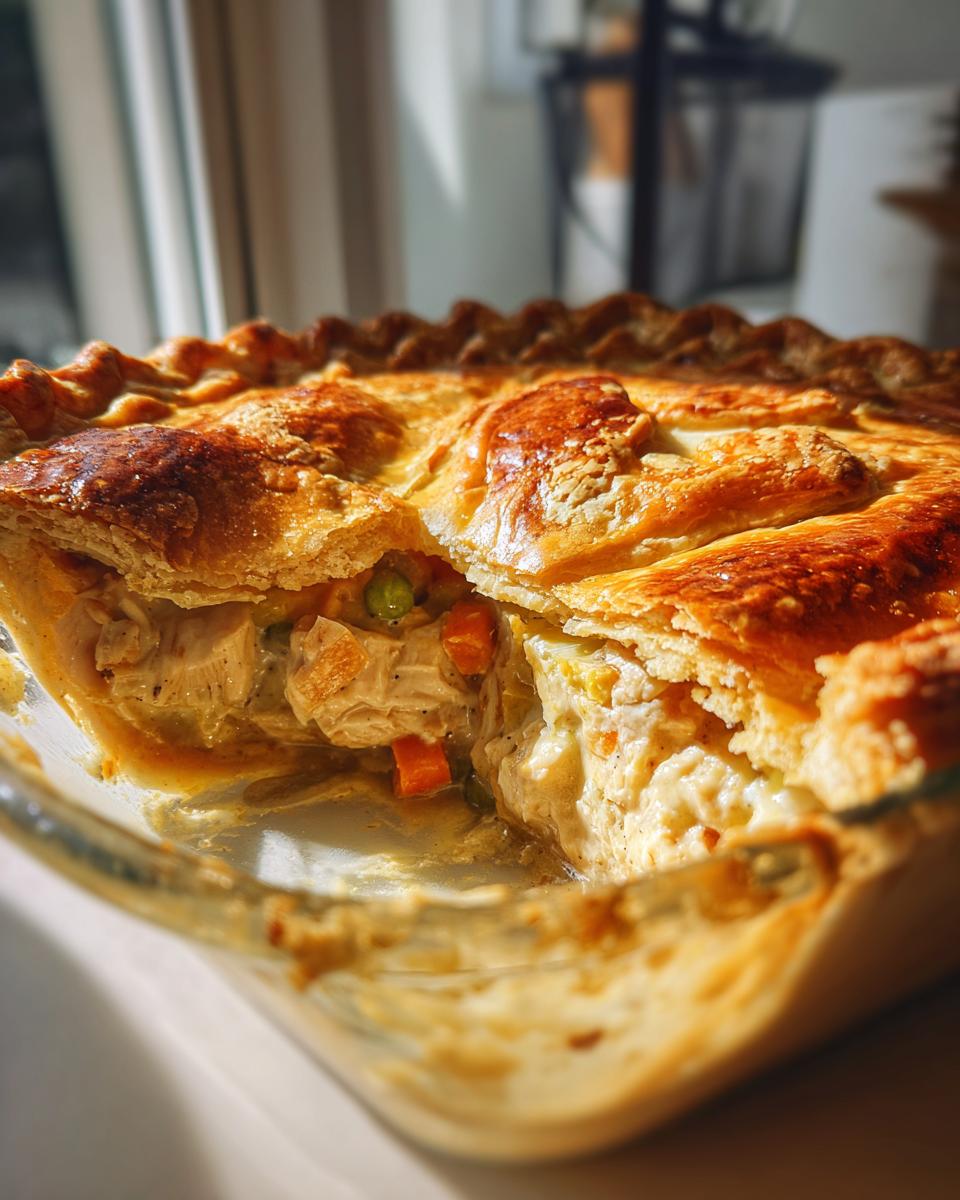 A slice removed from a golden-brown turkey pot pie, revealing creamy filling with chunks of turkey, carrots, and peas.