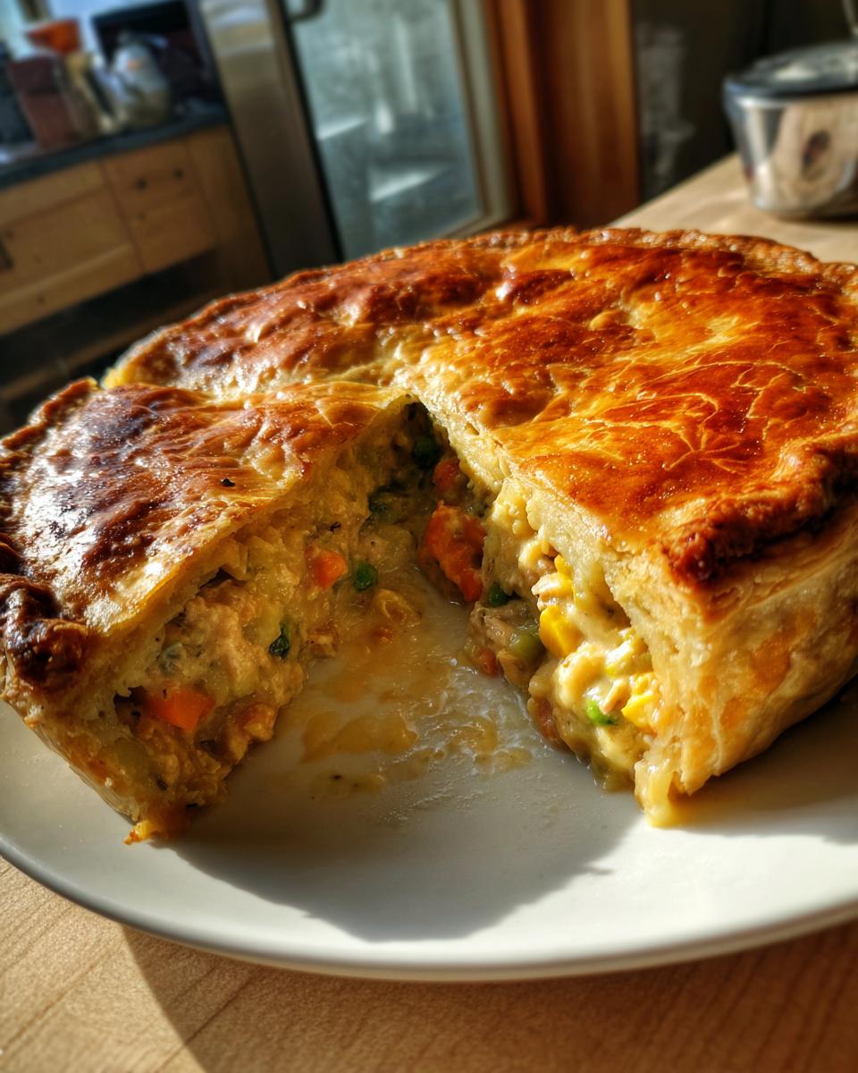 A slice removed from a golden-crusted turkey pot pie, revealing creamy filling with vegetables.