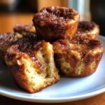 Close-up of several gooey french toast muffins topped with cinnamon sugar, one broken open.