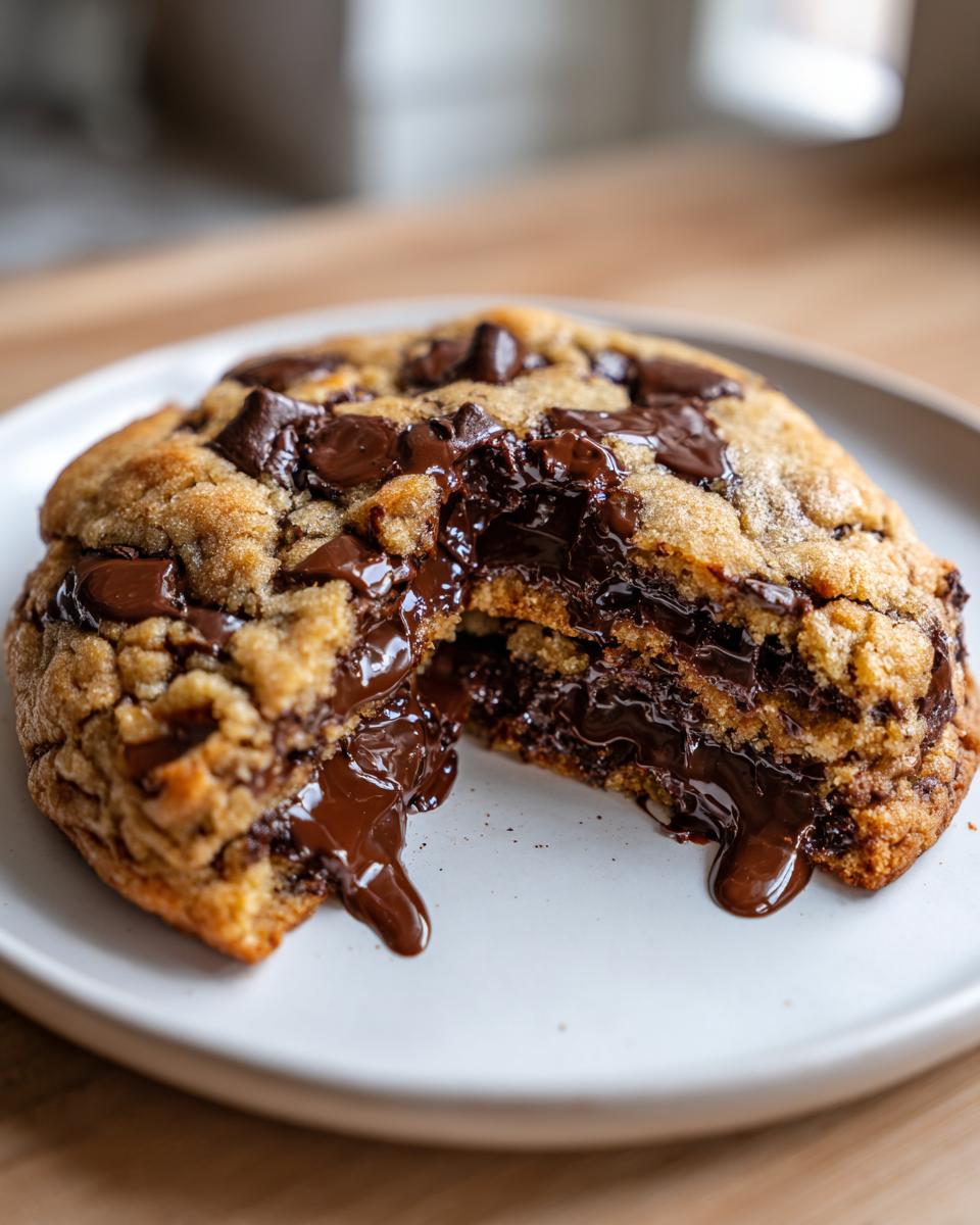 A thick levain bakery chocolate chip cookie broken in half showing molten, gooey chocolate filling.