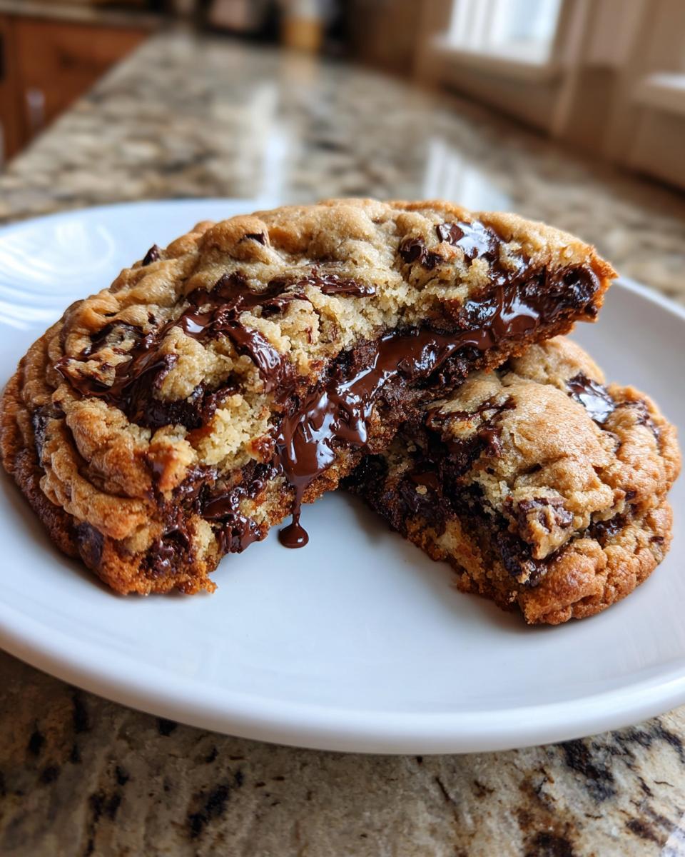 Close-up of a levain bakery chocolate chip cookies half, showing melted, gooey chocolate center.
