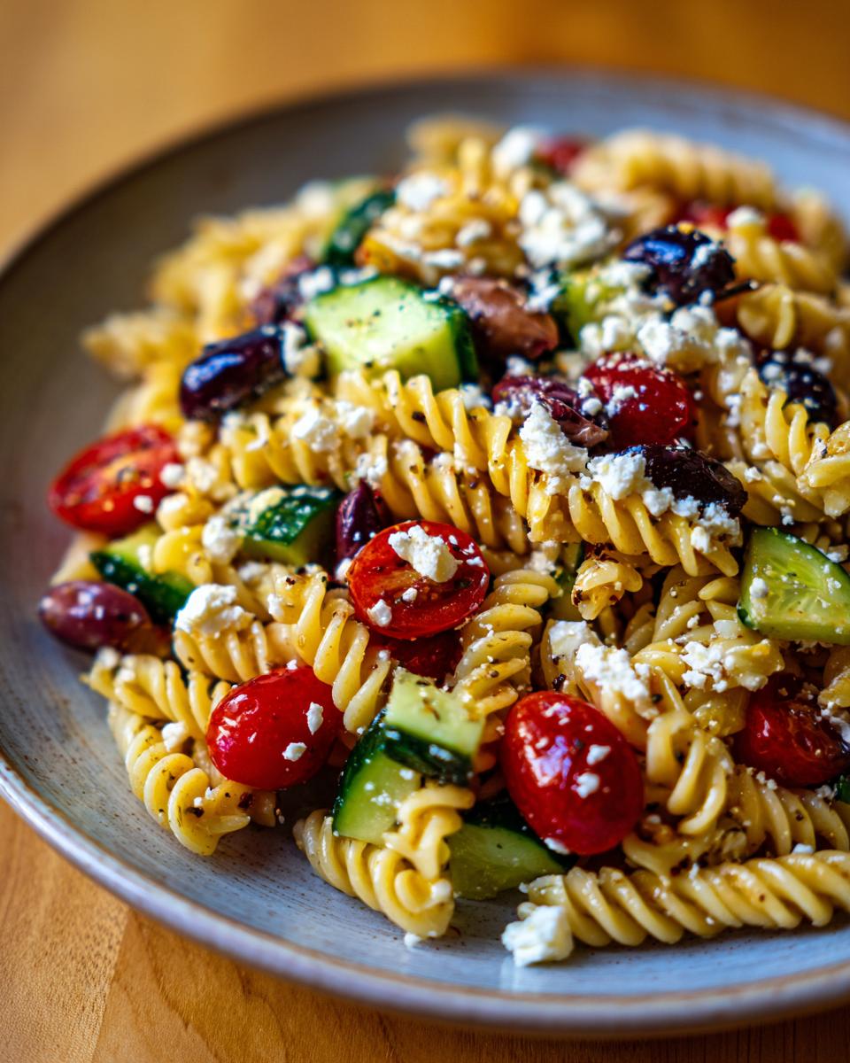 Close-up of a bowl of vibrant greek pasta salad featuring fusilli pasta, cherry tomatoes, cucumbers, olives, and feta cheese.