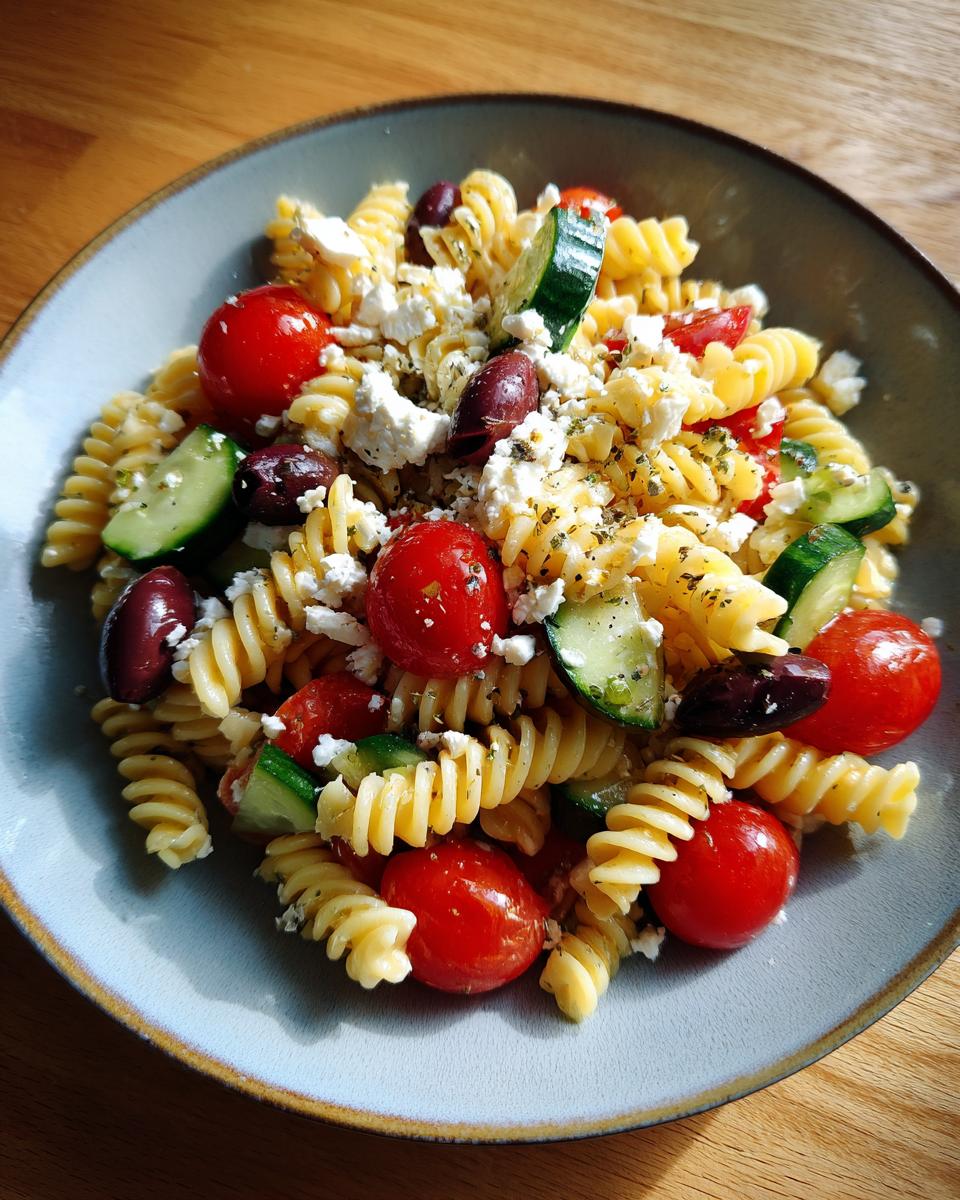 A close-up of a serving of greek pasta salad featuring fusilli, cherry tomatoes, cucumber, Kalamata olives, and feta cheese.