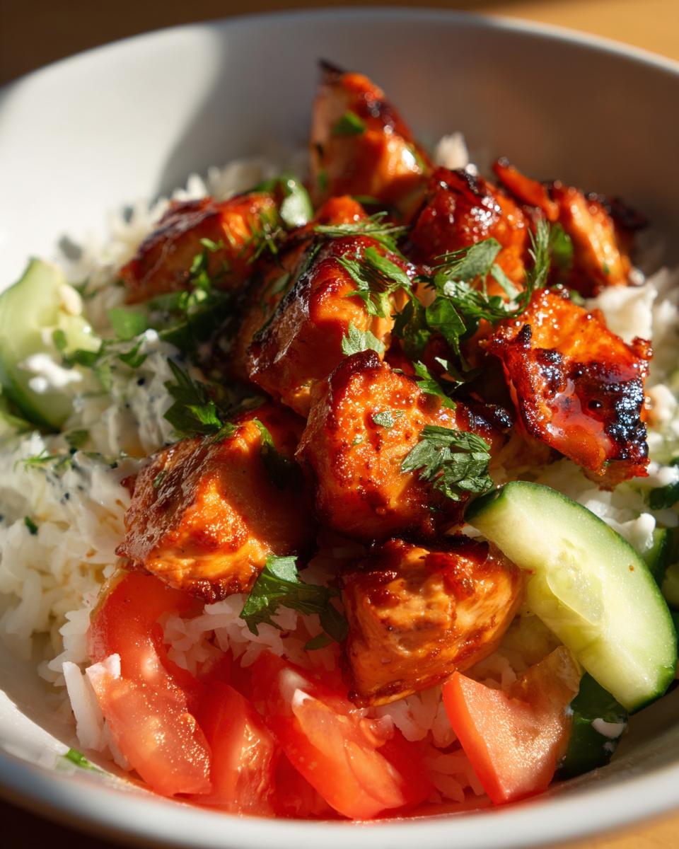 Close-up of a bowl featuring glazed harissa chicken pieces served over white rice with fresh cucumber, tomato slices, and herbs.