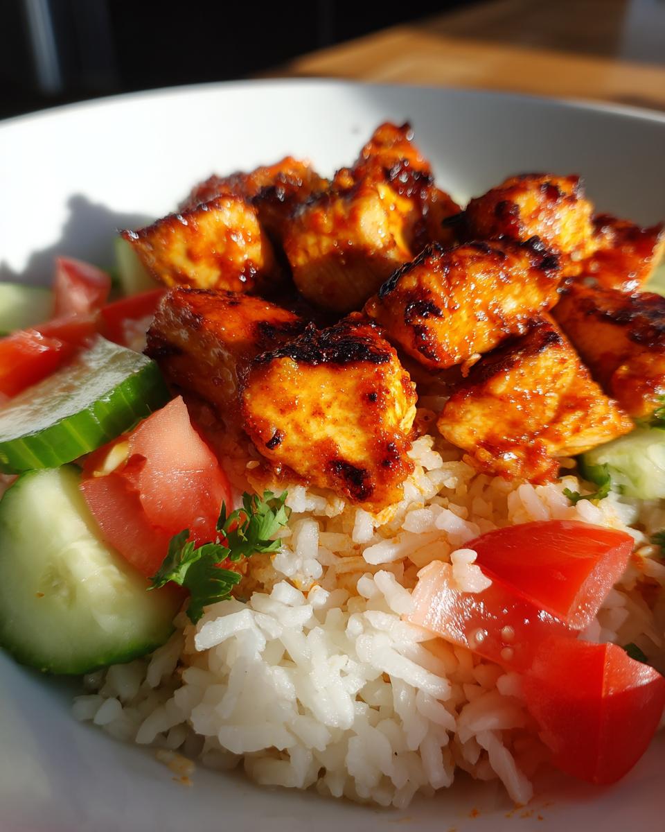 Close-up of a bowl featuring spicy harissa chicken pieces served over white rice with fresh cucumber and tomato.