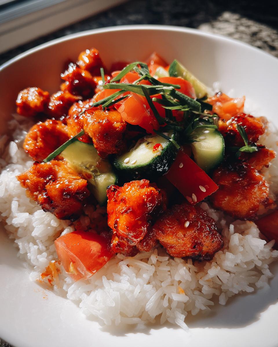 Close-up of a bowl featuring sticky, glazed harissa chicken pieces served over white rice with fresh cucumber and tomato.