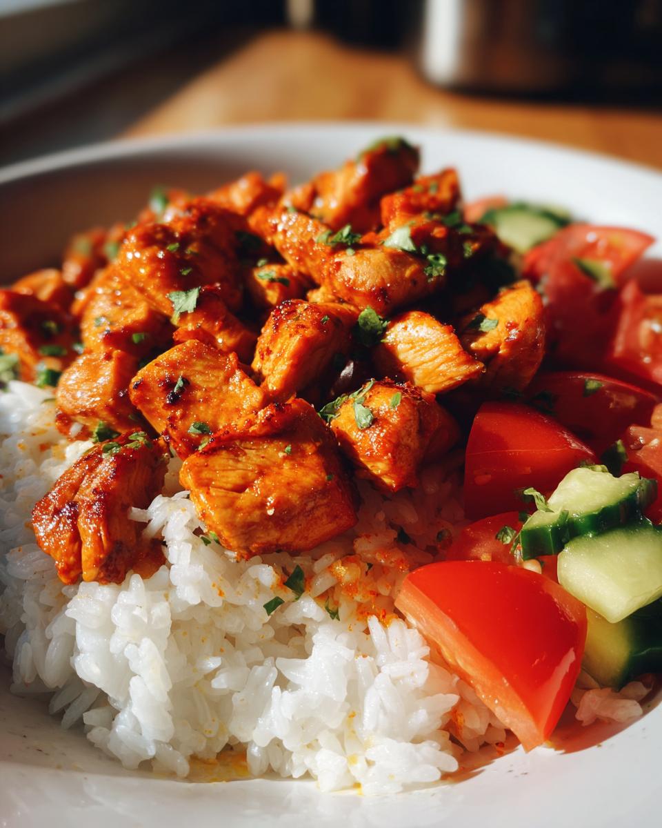 A close-up of a white bowl filled with fluffy white rice topped with vibrant orange harissa chicken pieces and fresh tomato and cucumber.