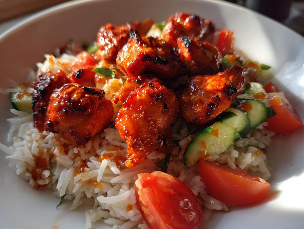 Close-up of vibrant, glazed harissa chicken pieces served over fluffy white rice with fresh cucumber and tomato wedges.
